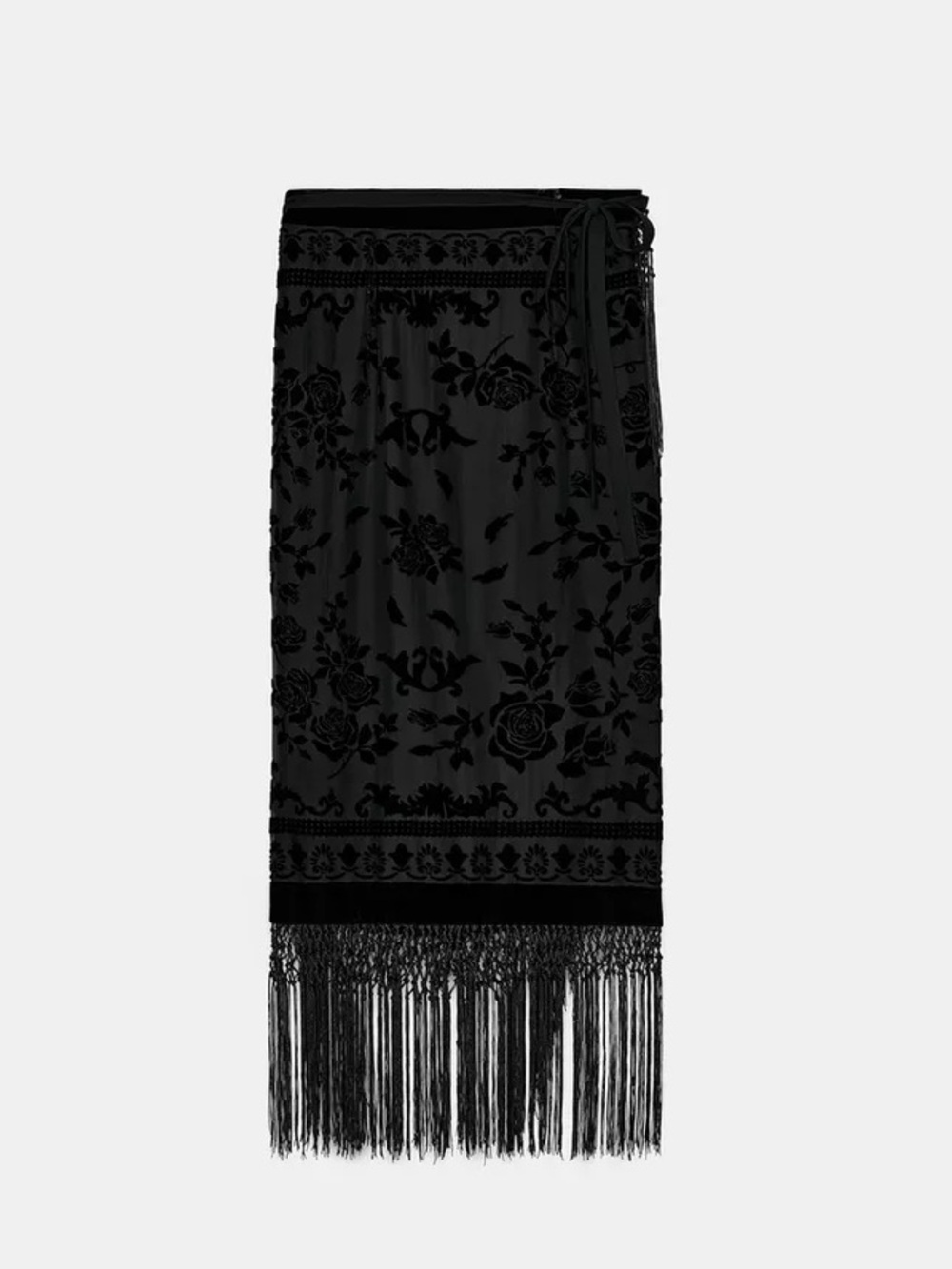 Zara Black Velvet Fringe Wrap Midi Skirt - Picture 6 of 15